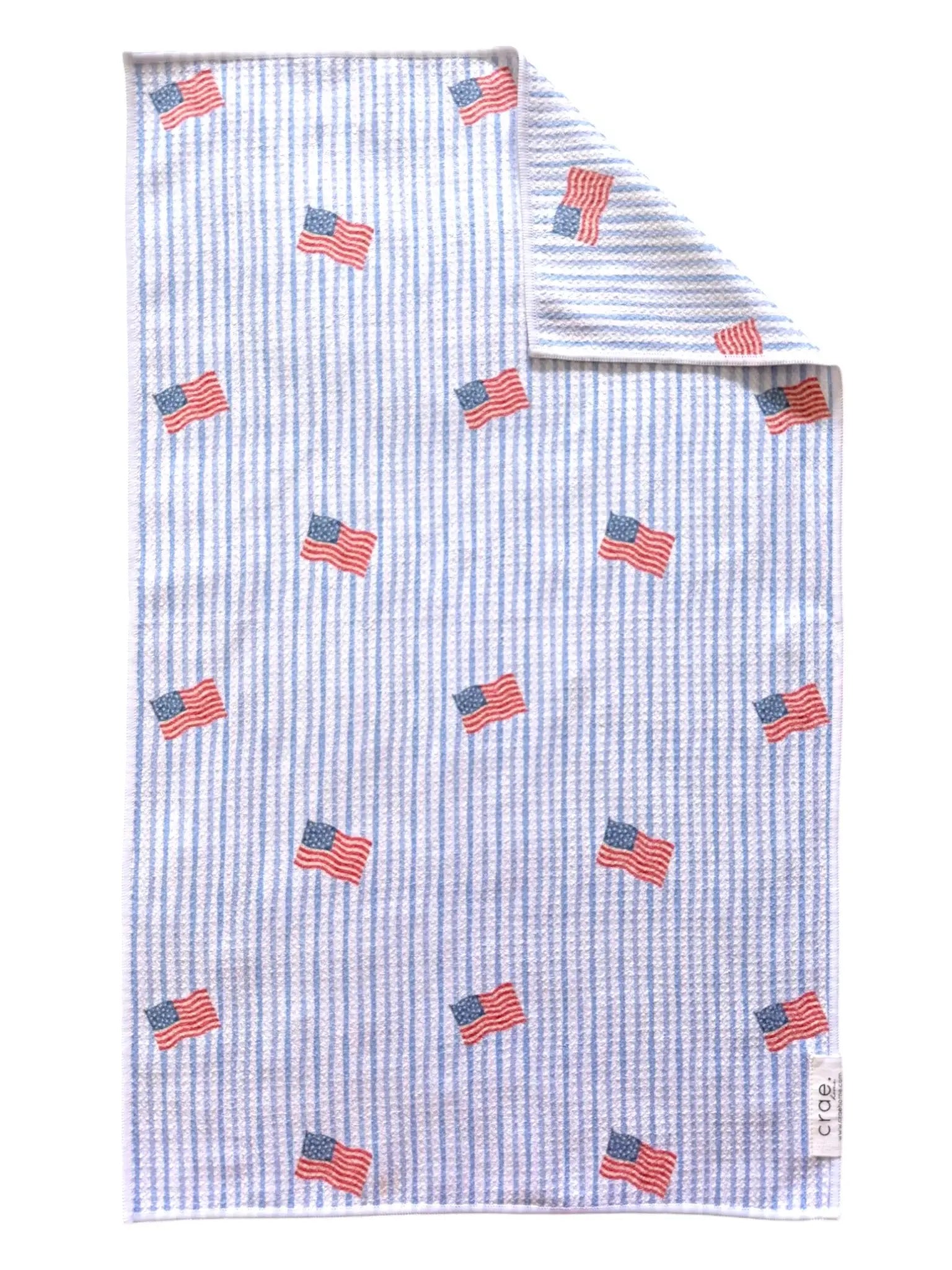 hand towel with small American flag pattern on blue and white striped pattern, double sided towel, kitchen towel