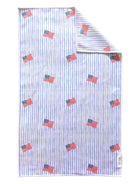 hand towel with small American flag pattern on blue and white striped pattern, double sided towel, kitchen towel