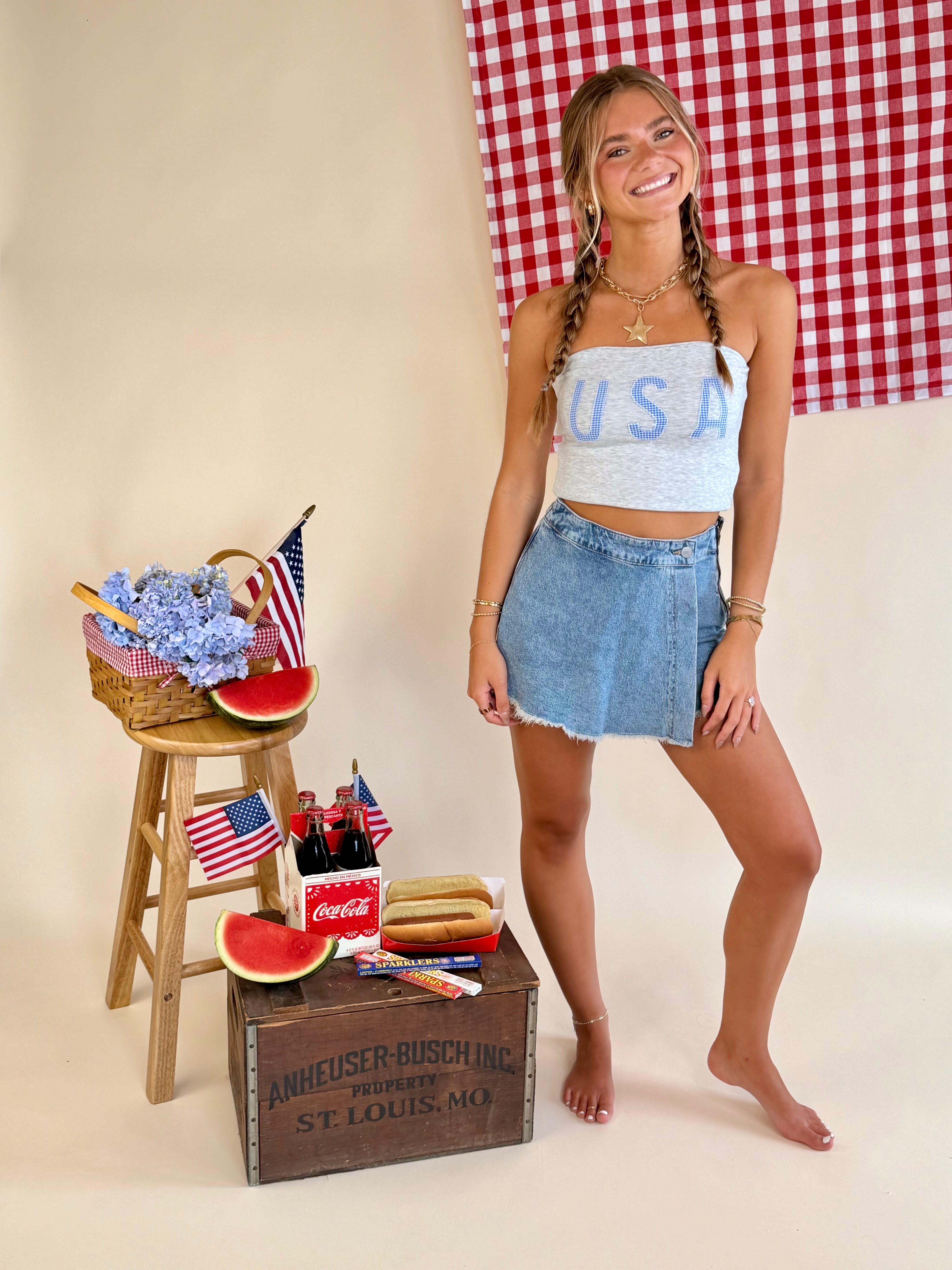 Gingham Embroidery, USA, 4th of July, Tube Top, Cropped, Strapless