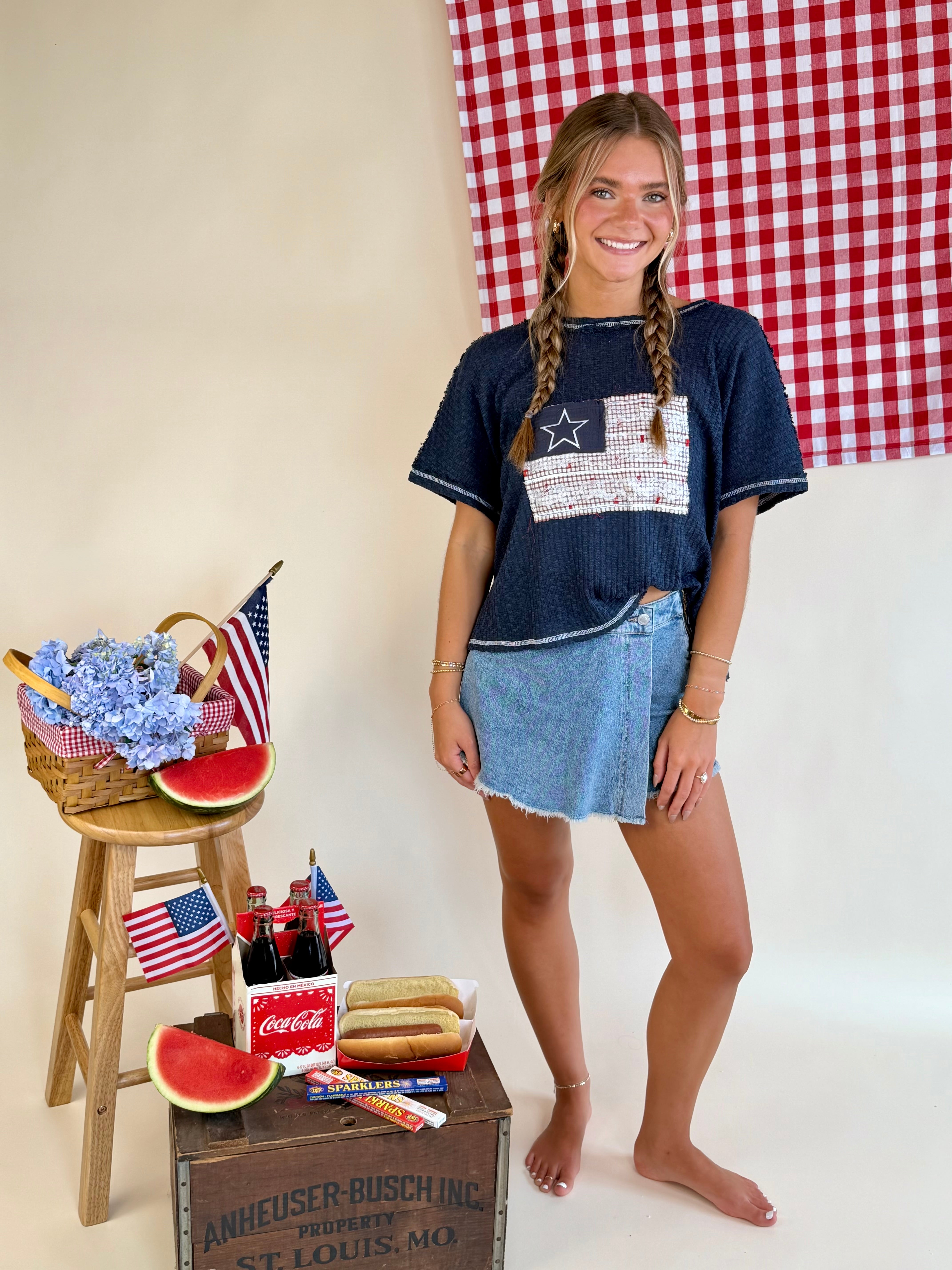 American Flag, Vintage, USA, 4th of July, POL, Open Back, Embroidery, Coquette, Navy Blue