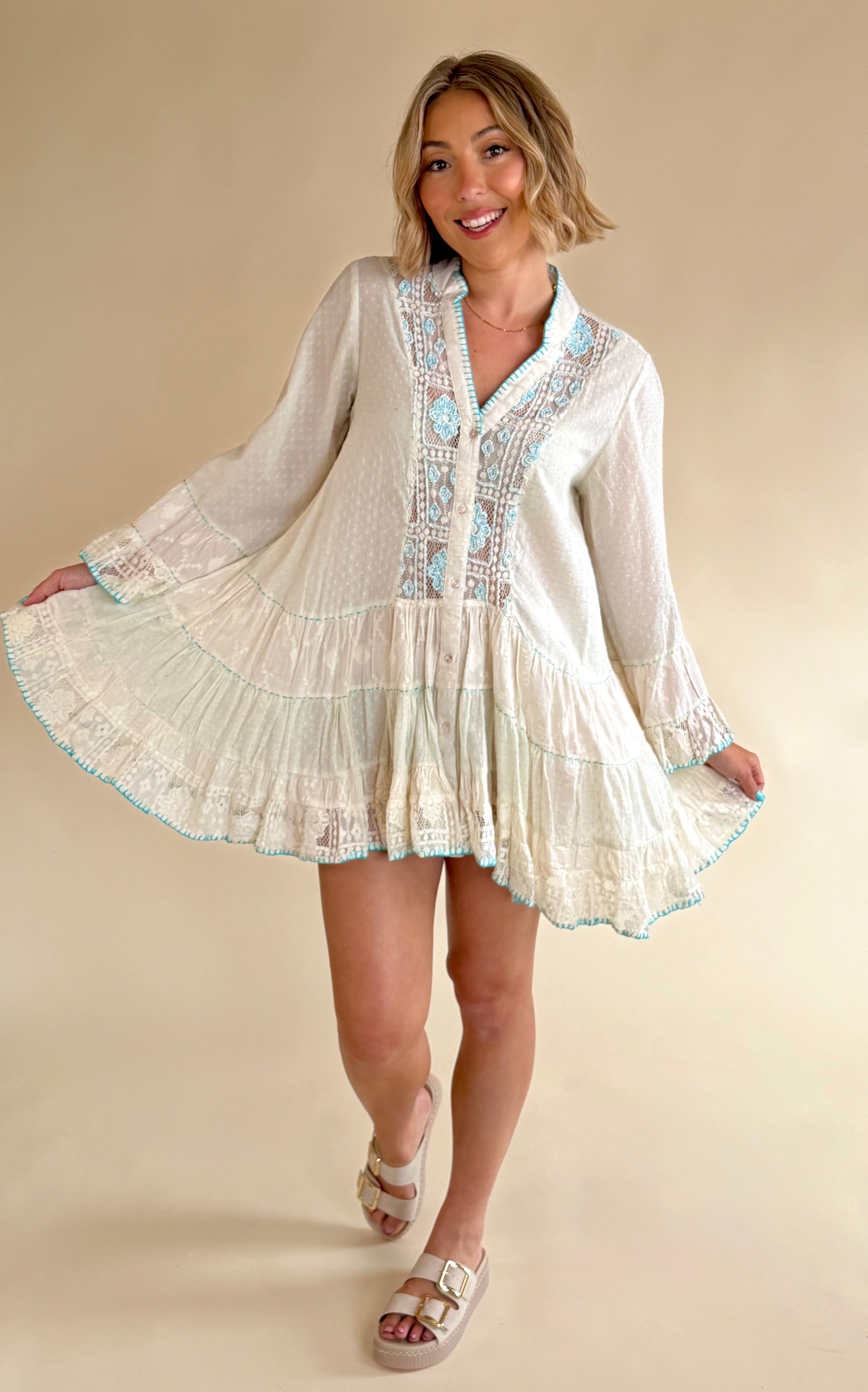 Longsleeve Dress, teal trim detail, sheer detail, mini/midi dress