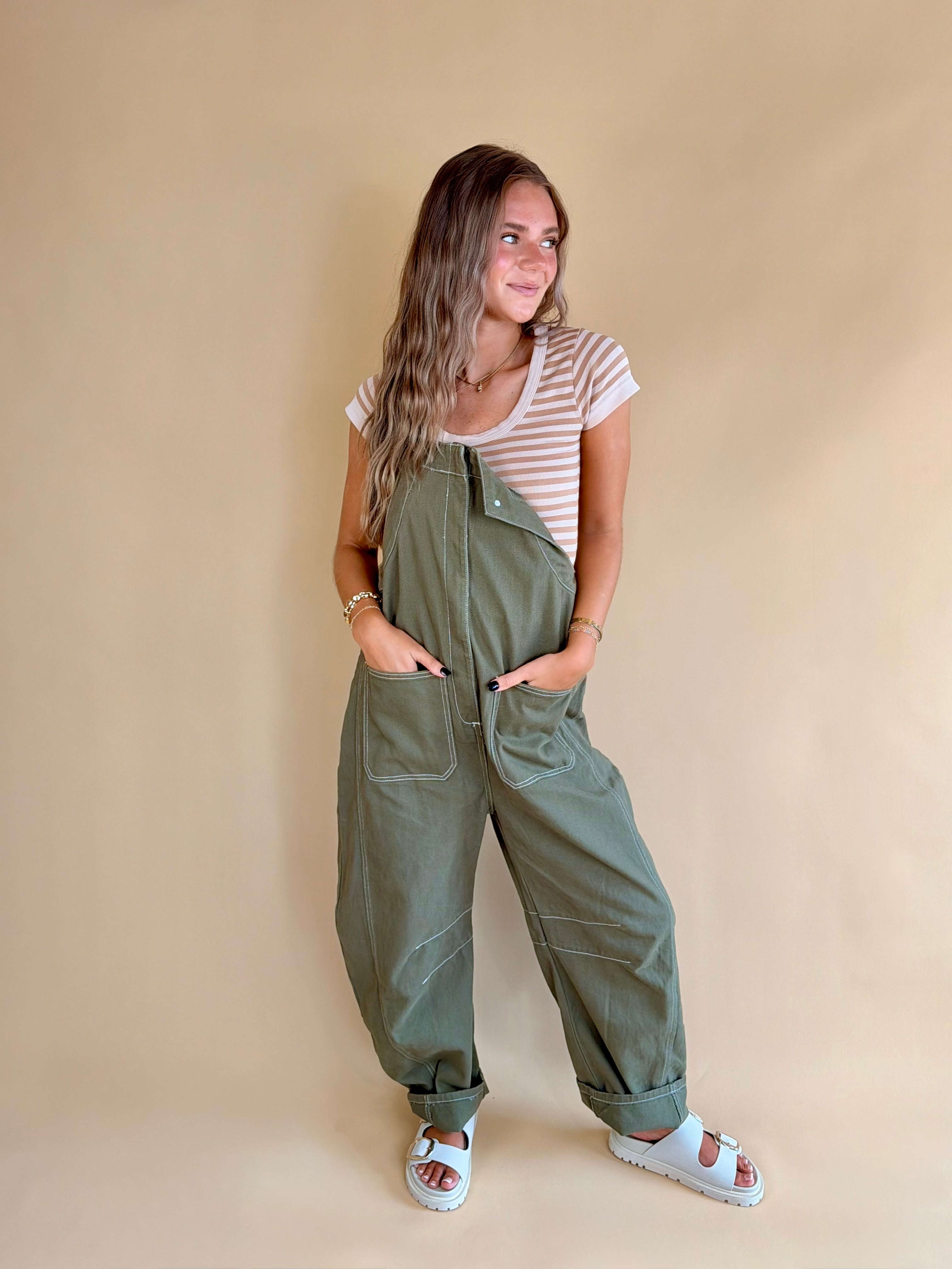Overalls, Barrel leg overalls, back to school, zip front detail, green overalls