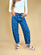 Denim flower jean, Barrel jean, mommy and me, casual wear, matching set, denim pant, flower pattern pant