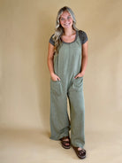 Linen overalls, green overalls, back to school, linen attire, elevated basics, adjustable neckline 
