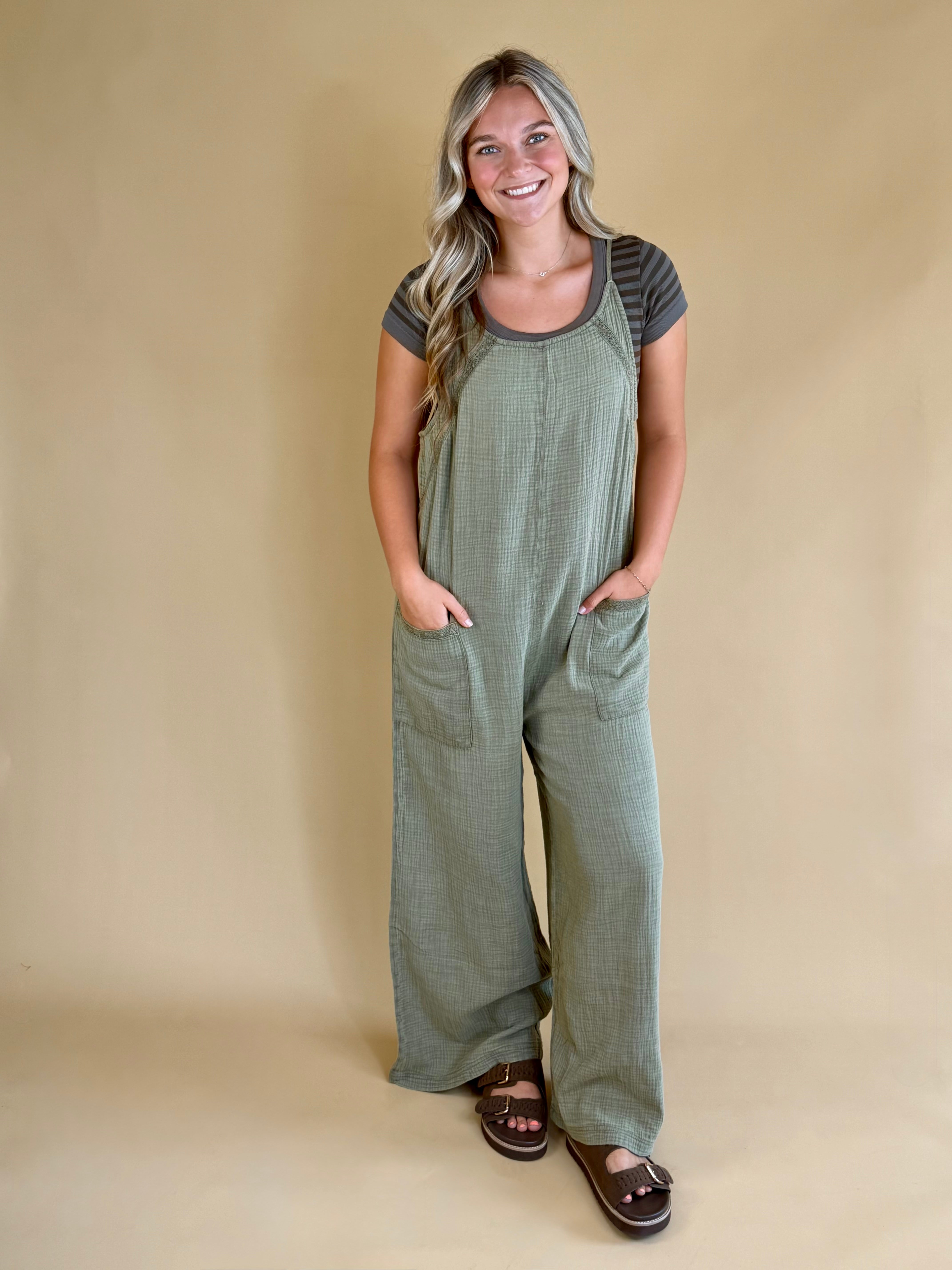 Linen overalls, green overalls, back to school, linen attire, elevated basics, adjustable neckline 