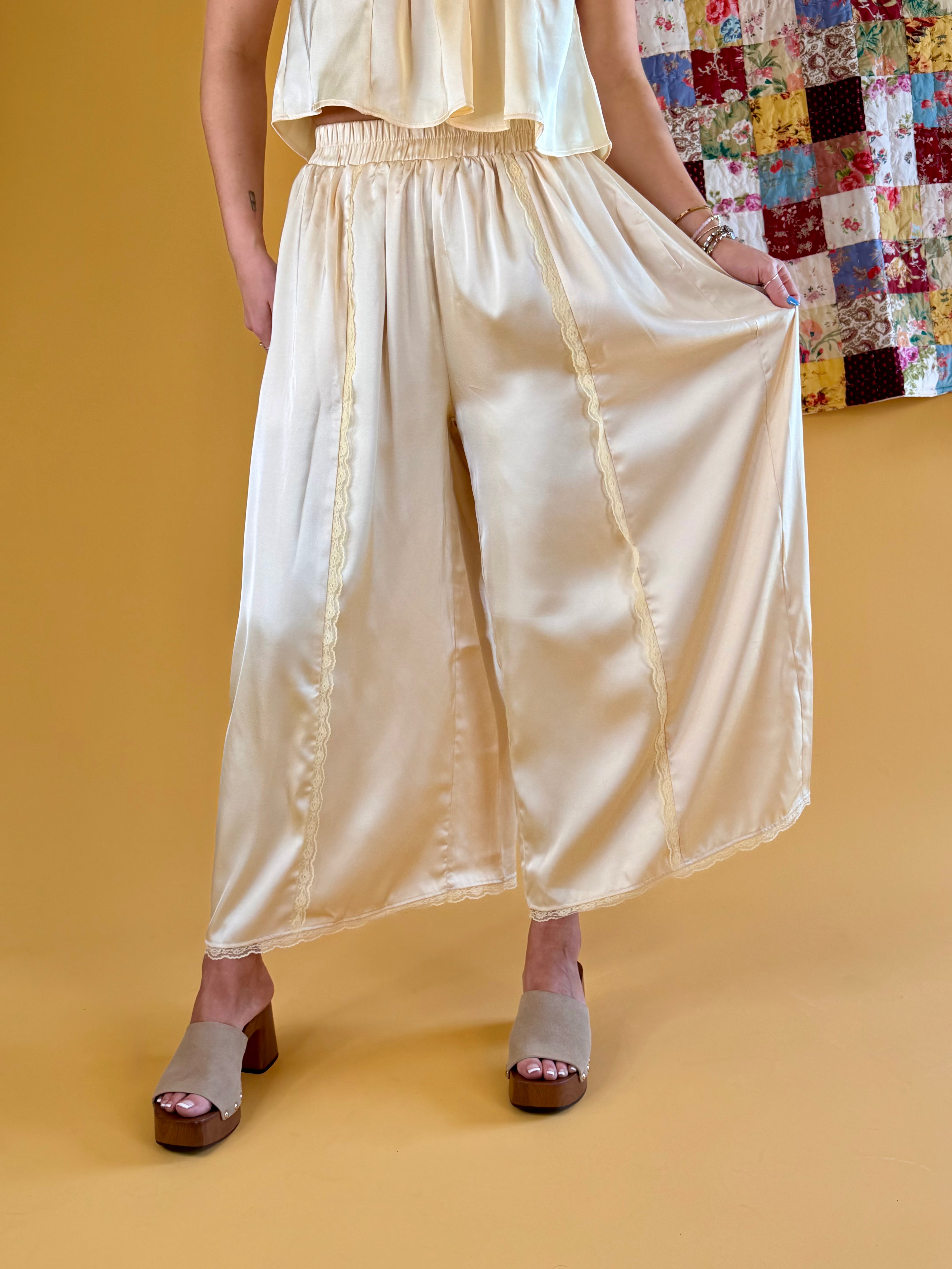 Satin Pants, Yellow Pants, Summer Pants, Wide Pants, Pants With Lace Details, Comfortable Pants