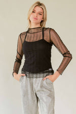 PLUS TURTLE NECK LACE STRETCH MESH SHEER TOP: Black / 1XL