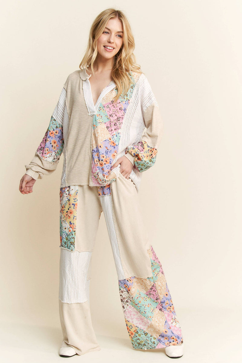 Mineral Washed Floral WaveKnit Jacquard Boho Pants HP6106: Natural / S-M-L / 2-2-2