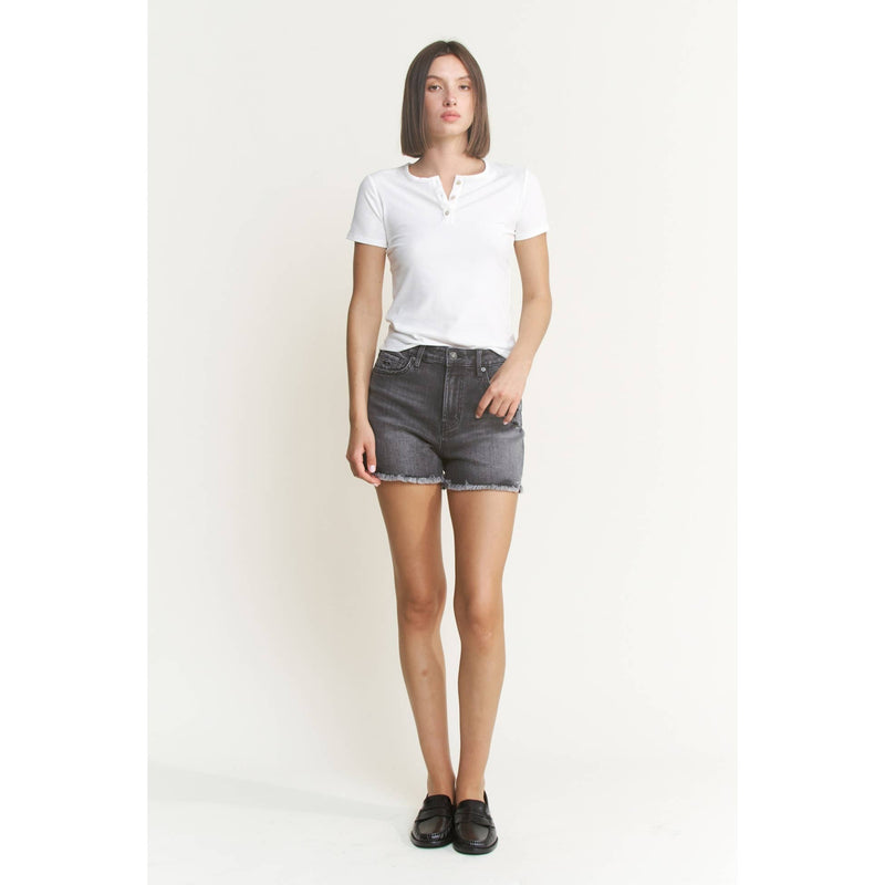 Mica Super High Rise Distressed Shorts: Washed Black