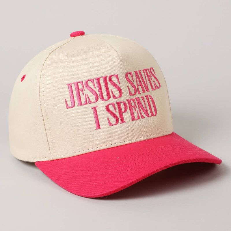 JESUS SAVES I SPEND Embroidery Trucker Hat: SKY BLUE / ONE SIZE