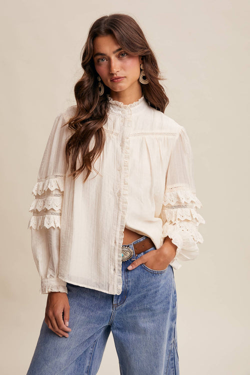 Lace Ruffle Sleeve Pintuck Blouse