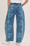 Denim Washed Floral Print Barrel Jeans