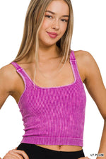 Washed Ribbed Square Neck Bra Padded Tank Top: SLEET / 3-3 (S/M-L/XL)