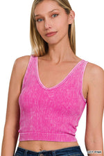 Washed Ribbed Cropped Bra Padded V-neck Tank Top: HOT PINK / 3-3 (S/M-L/XL)