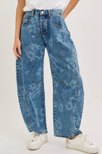 Denim Washed Floral Print Barrel Jeans