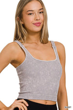 Washed Ribbed Square Neck Bra Padded Tank Top: CORAL / 3-3 (S/M-L/XL)