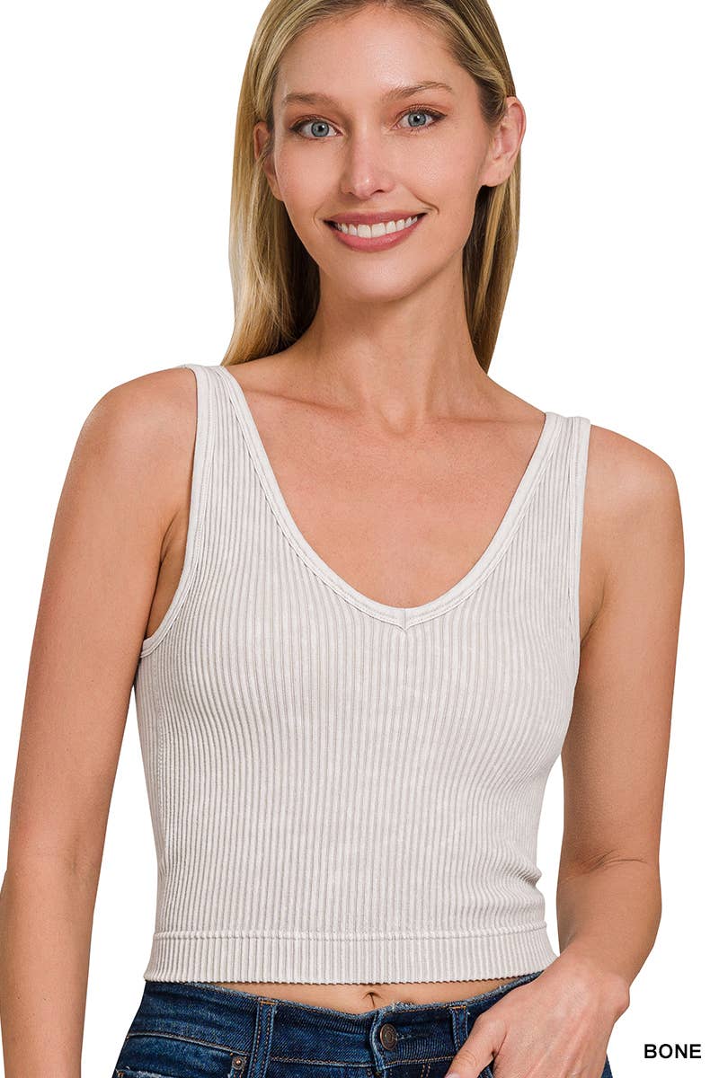 Washed Ribbed Cropped Bra Padded V-neck Tank Top: SAND BEIGE / 3-3 (S/M-L/XL)