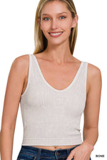 Washed Ribbed Cropped Bra Padded V-neck Tank Top: LT INDIGO / 3-3 (S/M-L/XL)