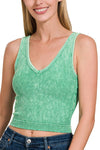 Washed Ribbed Cropped Bra Padded V-neck Tank Top: HOT PINK / 3-3 (S/M-L/XL)