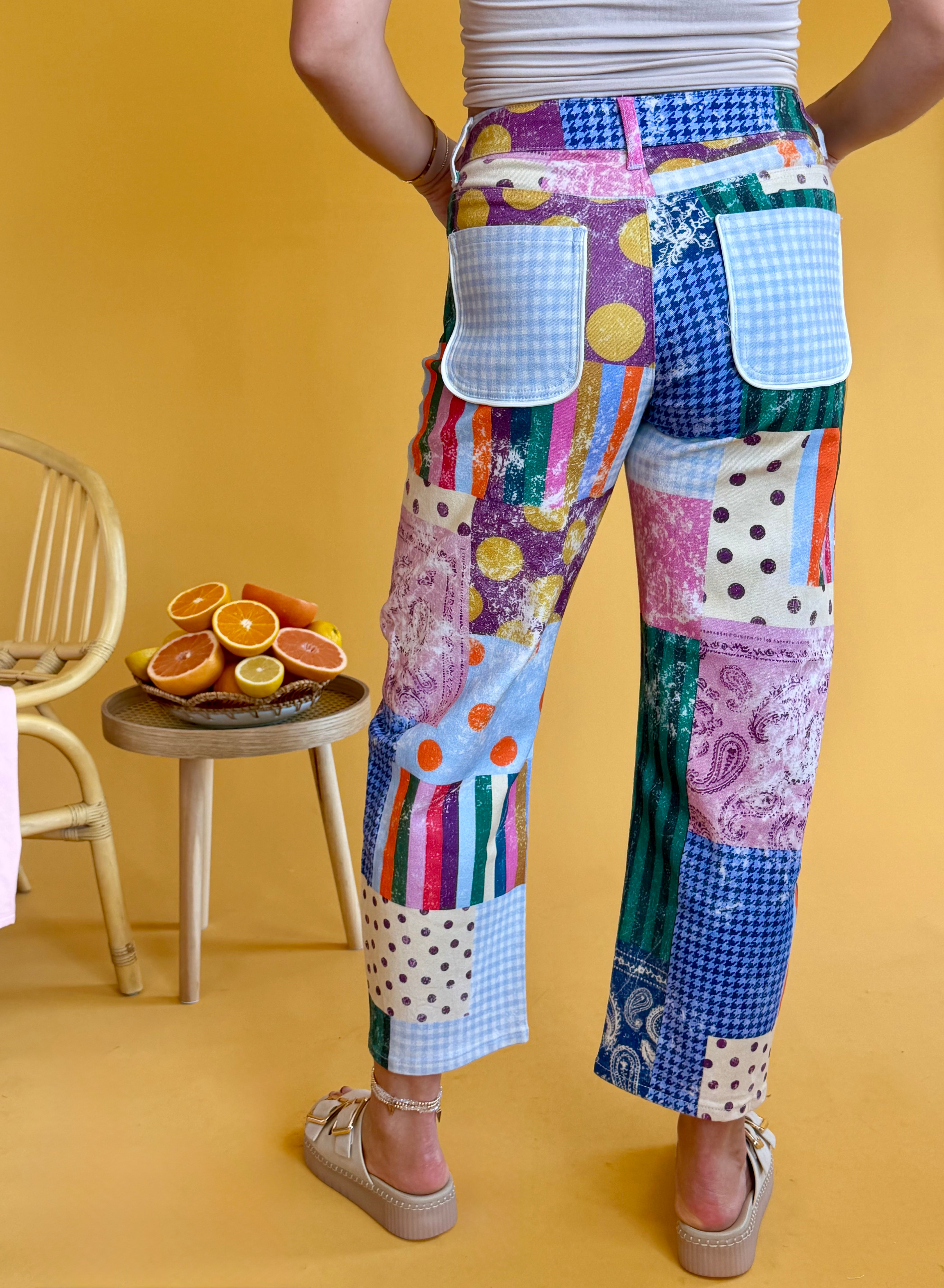 patchwork pants, printed pants, unique style, dopamine dressing, polka dot pants, gingham pants