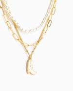 White Cowboy Boot Pendant with Pearl Bead Layered Necklace