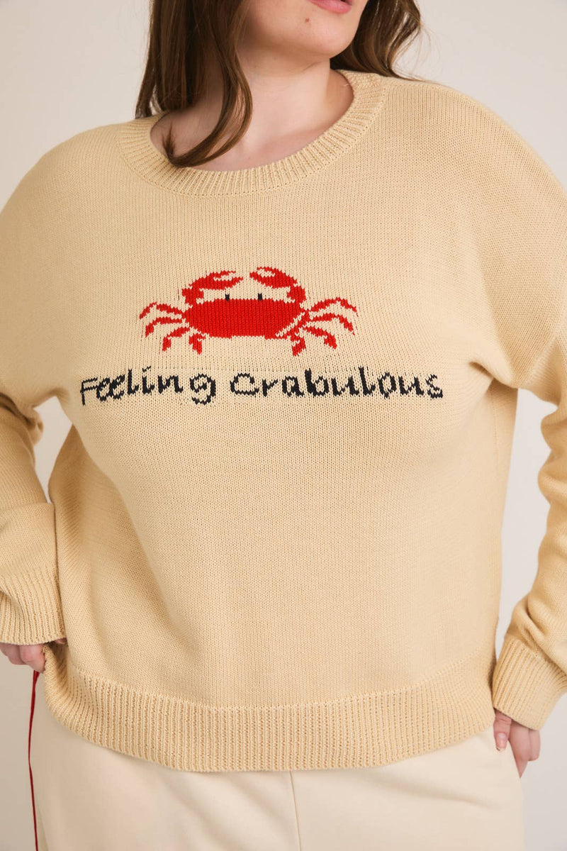PLUS ROUND NECK LONG SLEEVE"FEELING CRABULOUS" SWEATER: IVORY / 1X