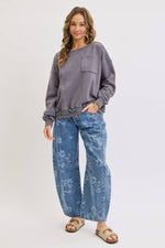 Denim Washed Floral Print Barrel Jeans