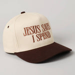 JESUS SAVES I SPEND Embroidery Trucker Hat: SKY BLUE / ONE SIZE