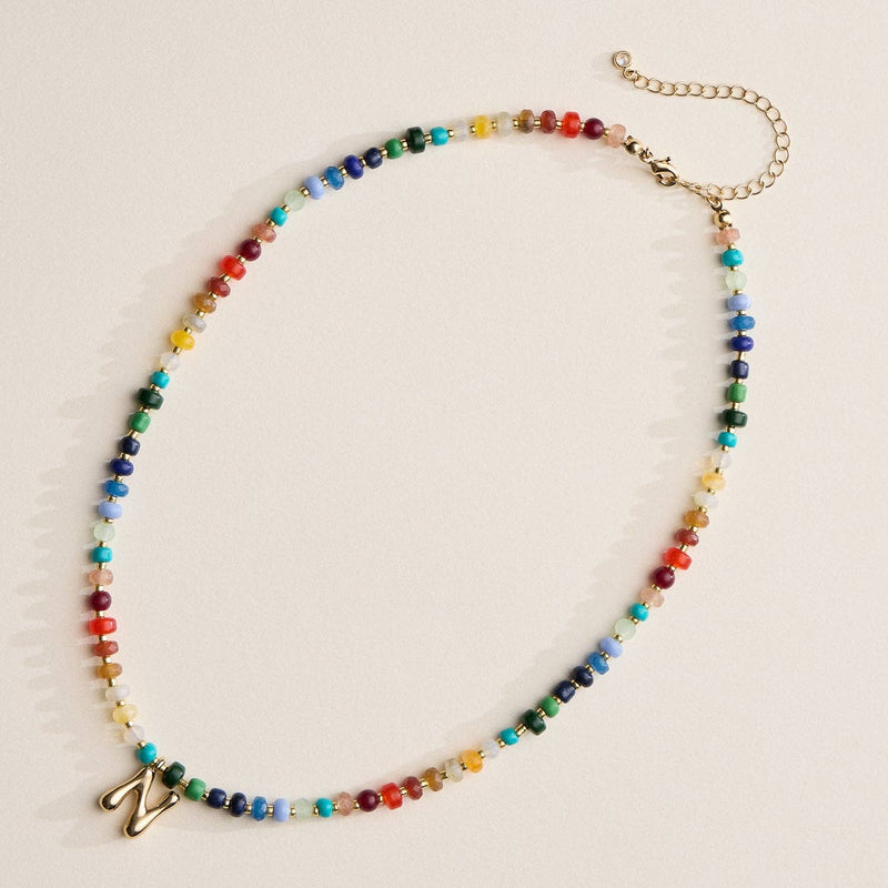 Colorful Beaded Necklace with Gold Letter Initial