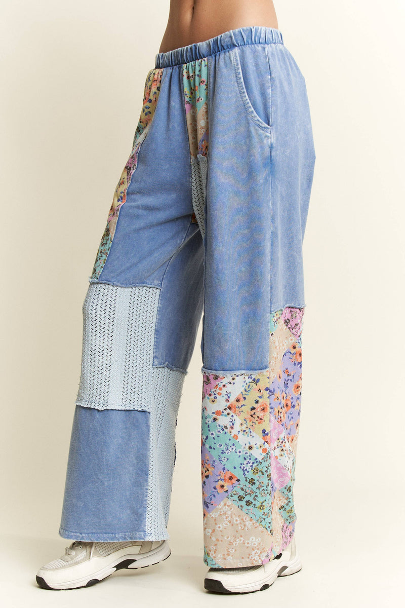 Mineral Washed Floral WaveKnit Jacquard Boho Pants HP6106: Natural / S-M-L / 2-2-2