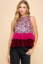 CT9144-Floral Print Sequined Peplum Top: MAGENTA / S