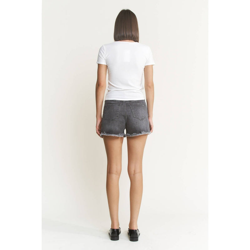 Mica Super High Rise Distressed Shorts: Washed Black