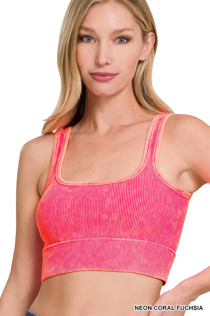 Washed Ribbed Square Neck Cropped Tank Top With Bra Pads: LT NAVY / 3-3 (S/M-L/XL)