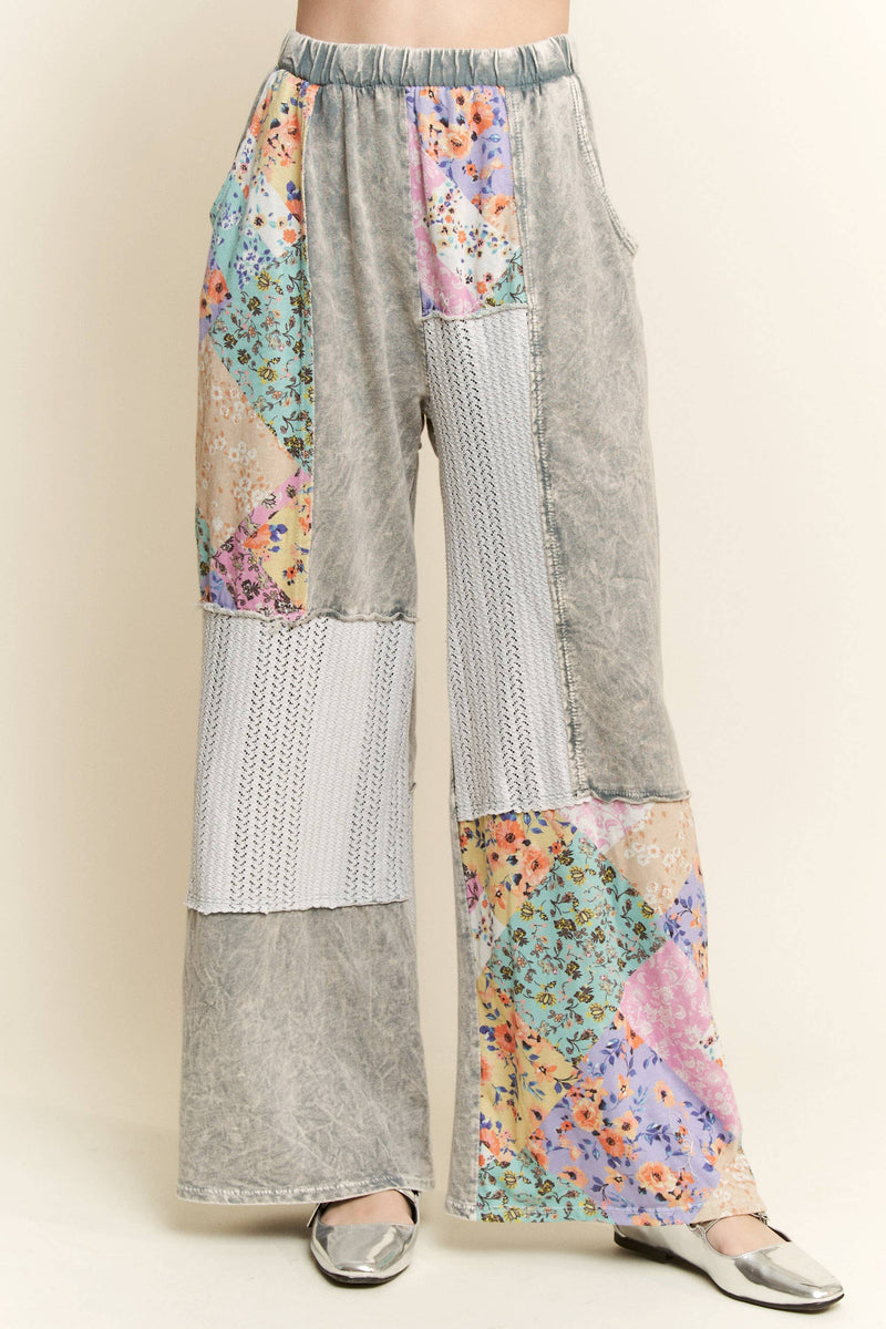Mineral Washed Floral WaveKnit Jacquard Boho Pants HP6106: Natural / S-M-L / 2-2-2