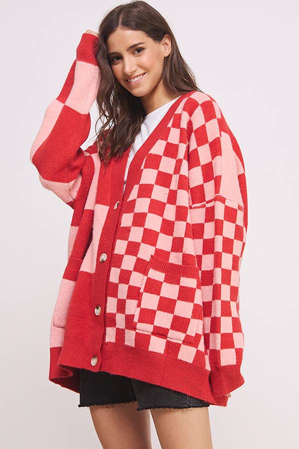 Pink & Red Checker Oversized Cardigan