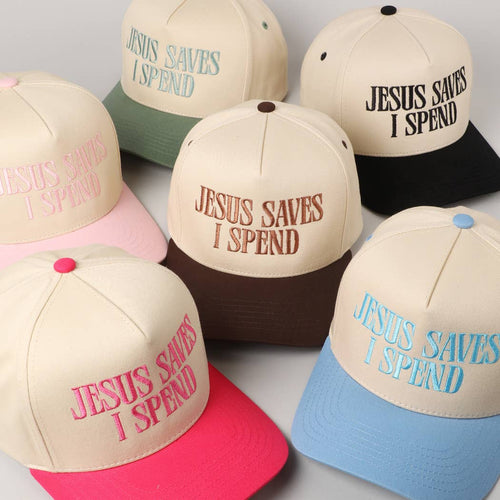 JESUS SAVES I SPEND Embroidery Trucker Hat: SKY BLUE / ONE SIZE