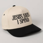 JESUS SAVES I SPEND Embroidery Trucker Hat: SKY BLUE / ONE SIZE