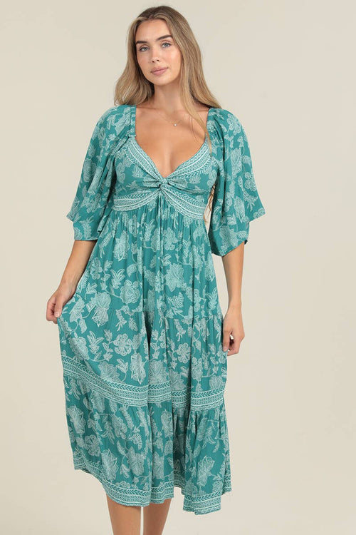 Turquoise Tie Front Smocked Dress