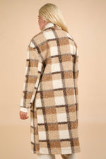 City Style Plaid Fuzzy Button Down Coat: Mocha