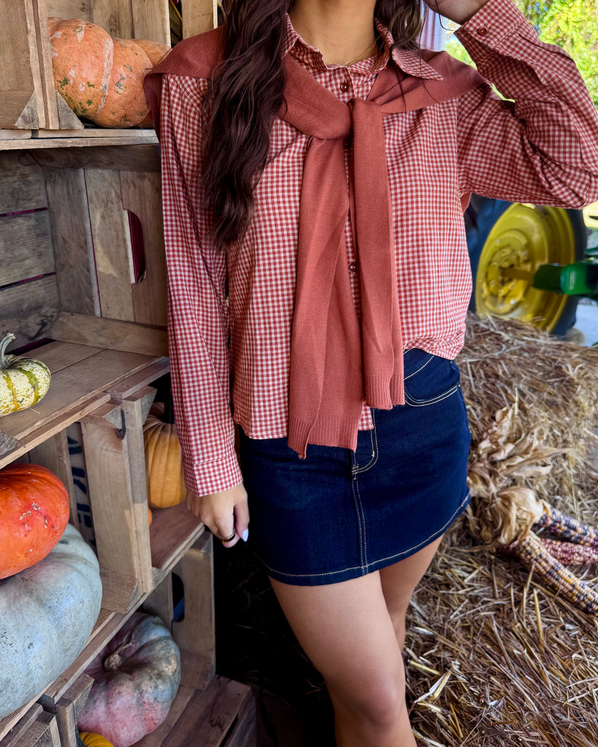 Model wearing a slightly cropped rust and white gingham button-up blouse with long sleeves and a detachable rust sweater cape tied over the shoulders.