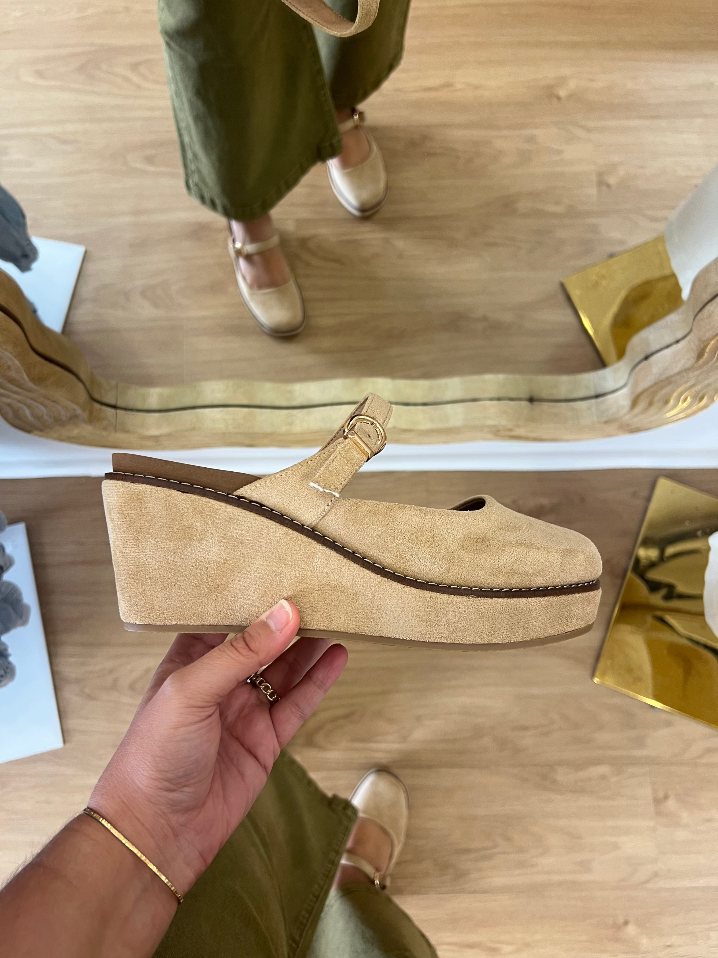 Corky's Me Time Camel Faux Suede featuring camel faux suede platform wedge shoes with Mary Jane inspired strap