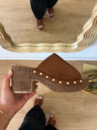 Corky’s Chestnut Gaslight women’s suede platform wedges with an open toe, chunky cork heel, and gold stud embellishments.