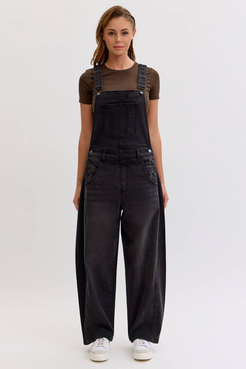 Mid-Waisted & Washed Barrel Overalls: Black