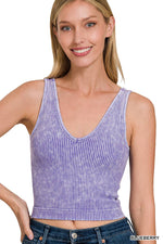 Washed Ribbed Cropped Bra Padded V-neck Tank Top: LT INDIGO / 3-3 (S/M-L/XL)