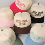 JESUS SAVES I SPEND Embroidery Trucker Hat: SKY BLUE / ONE SIZE