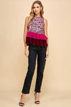 CT9144-Floral Print Sequined Peplum Top: MAGENTA / S