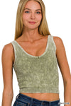 Washed Ribbed Cropped Bra Padded V-neck Tank Top: LT INDIGO / 3-3 (S/M-L/XL)