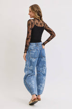 Denim Washed Floral Print Barrel Jeans