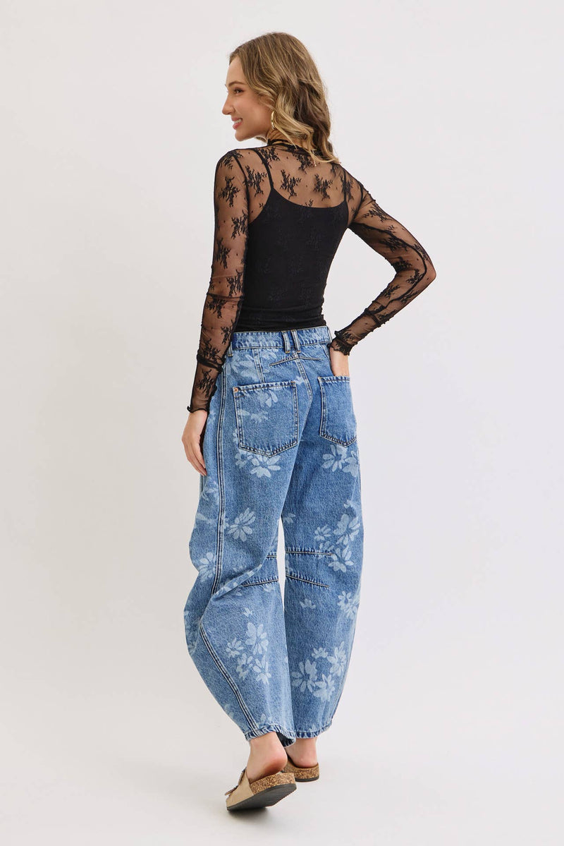 Denim Washed Floral Print Barrel Jeans