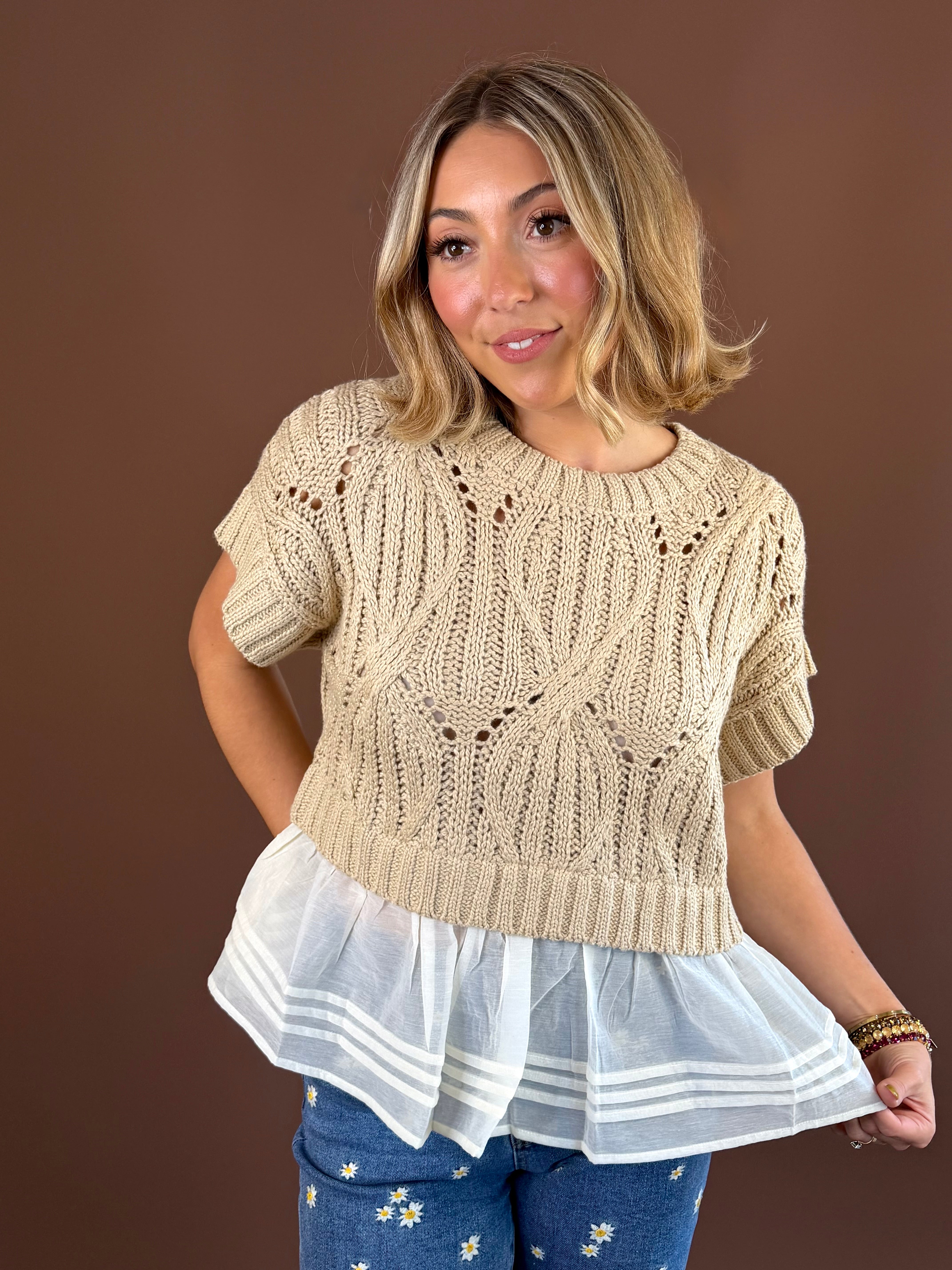 Darling women's taupe-and-cream short-sleeve cable-knit top with a round neckline and an attached contrasting hem for a layered look.
